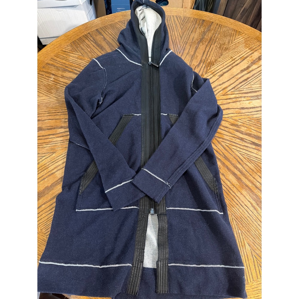 Elie Tahari Navy Blue Longline Hooded Zip Up Jacket Contrast Stitching Size S